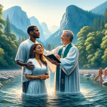 A couple being baptized in the river.