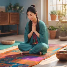 A young Asian woman sitting on a Christian prayer mat