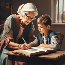 Older lady teaching a boy about Christianity.