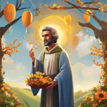 St Joseph in a garden holding sunflowers
