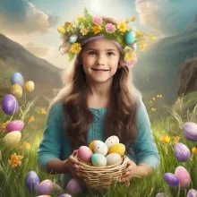 Young girl with Easter eggs and decorations
