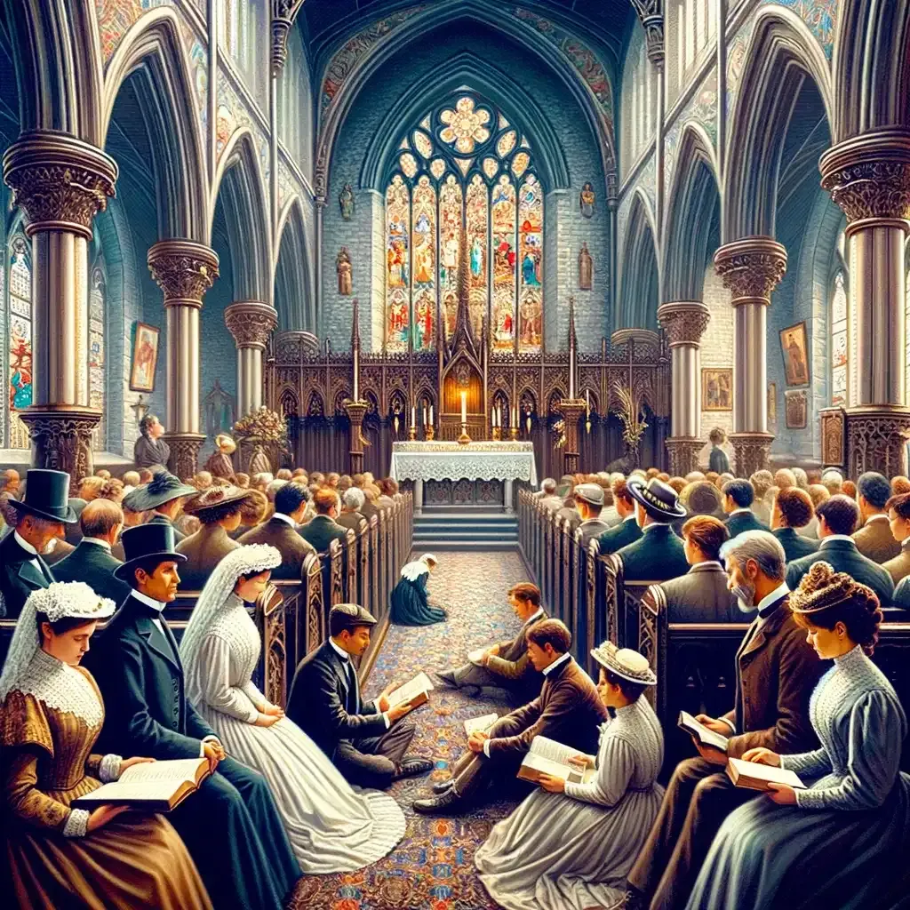 A church scene in Victorian England.