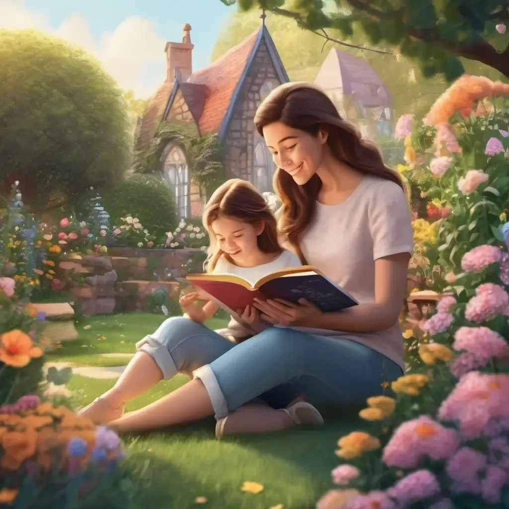 A mom and daughter reading a book outside a garden.